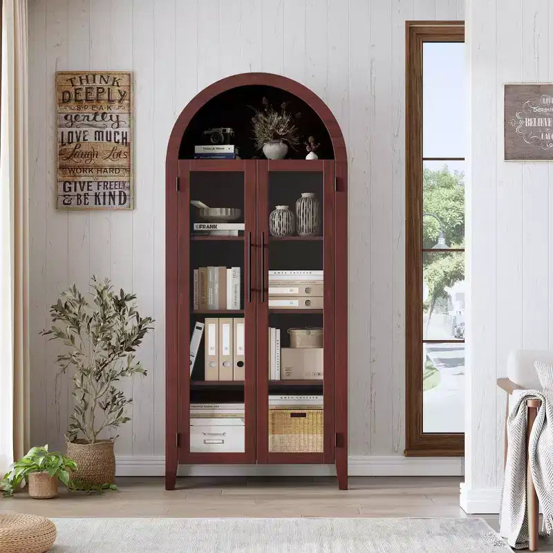 63.2Armoire de cuisine cintrée - Étagère de présentation de ferme à 5 niveaux avec étagère réglable et 2 grandes portes vitrées, pour salle à manger, salon