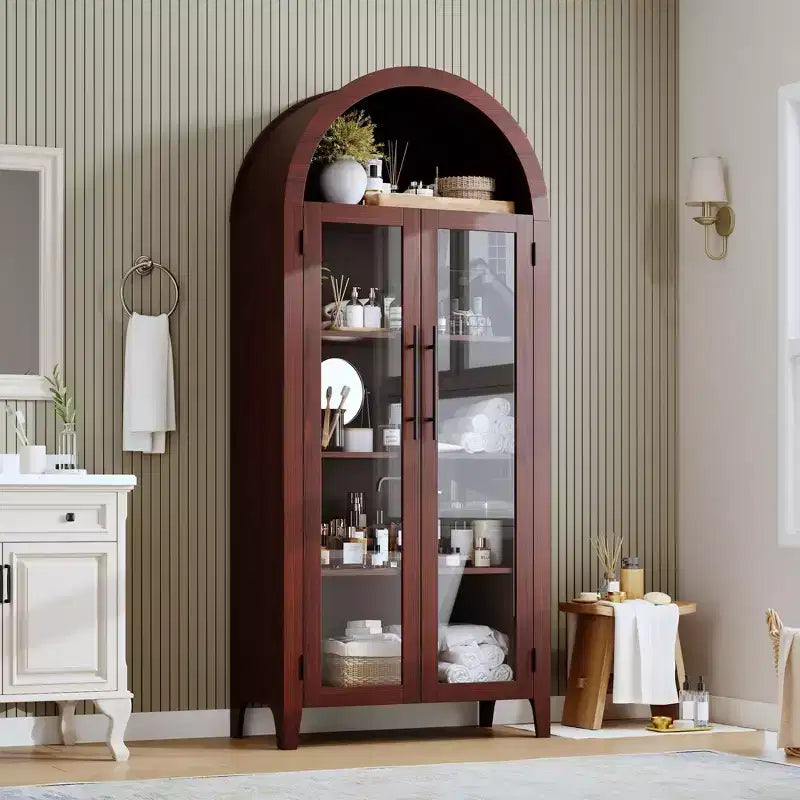 63.2Armoire de cuisine cintrée - Étagère de présentation de ferme à 5 niveaux avec étagère réglable et 2 grandes portes vitrées, pour salle à manger, salon