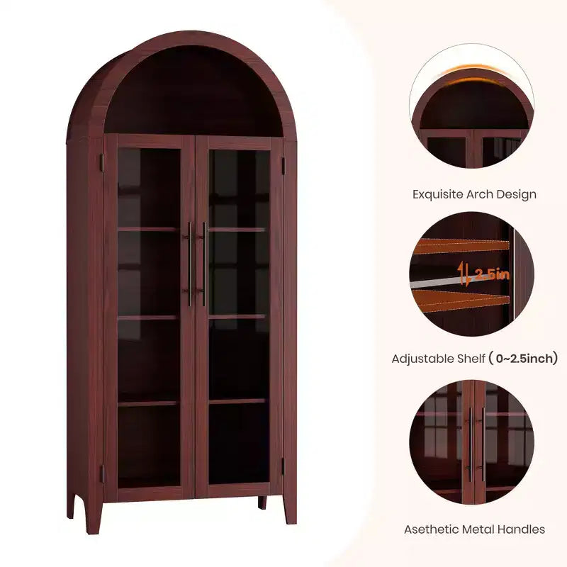 63.2Armoire de cuisine cintrée - Étagère de présentation de ferme à 5 niveaux avec étagère réglable et 2 grandes portes vitrées, pour salle à manger, salon