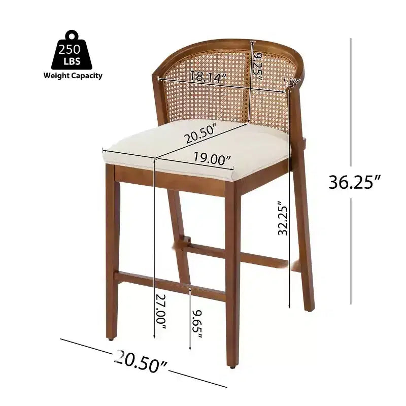 Set of 2 Modern Counter Height Bar Stools with Rattan Curved Back, 27 Seat Height Wood-Leg Stools for Kitchen Island or Home Bar-Panipeachy