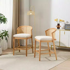 Set of 2 Modern Counter Height Bar Stools with Rattan Curved Back, 27 Seat Height Wood-Leg Stools for Kitchen Island or Home Bar-Panipeachy