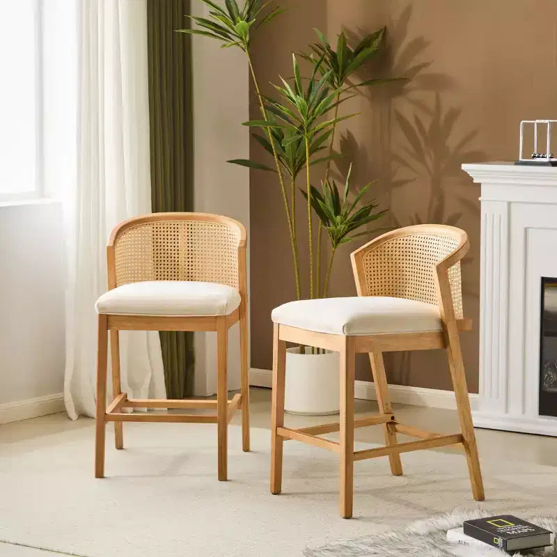 Set of 2 Modern Counter Height Bar Stools with Rattan Curved Back, 27 Seat Height Wood-Leg Stools for Kitchen Island or Home Bar-Panipeachy