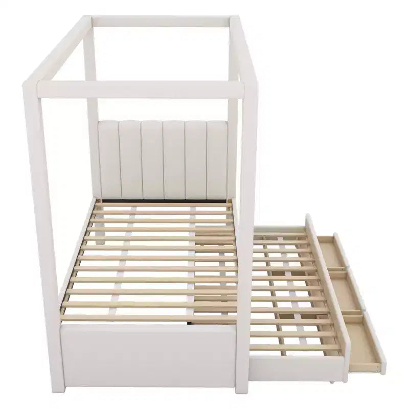 Lit plateforme moderne à baldaquin Luxystar avec tête de lit rembourrée, lit gigogne et 3 tiroirs, beige
