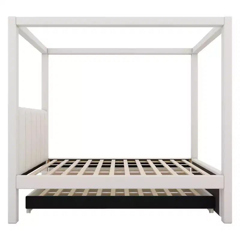 Lit plateforme moderne à baldaquin Luxystar avec tête de lit rembourrée, lit gigogne et 3 tiroirs, beige
