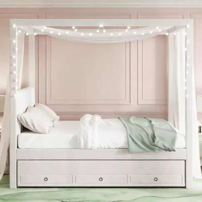 Lit plateforme moderne à baldaquin Luxystar avec tête de lit rembourrée, lit gigogne et 3 tiroirs, beige