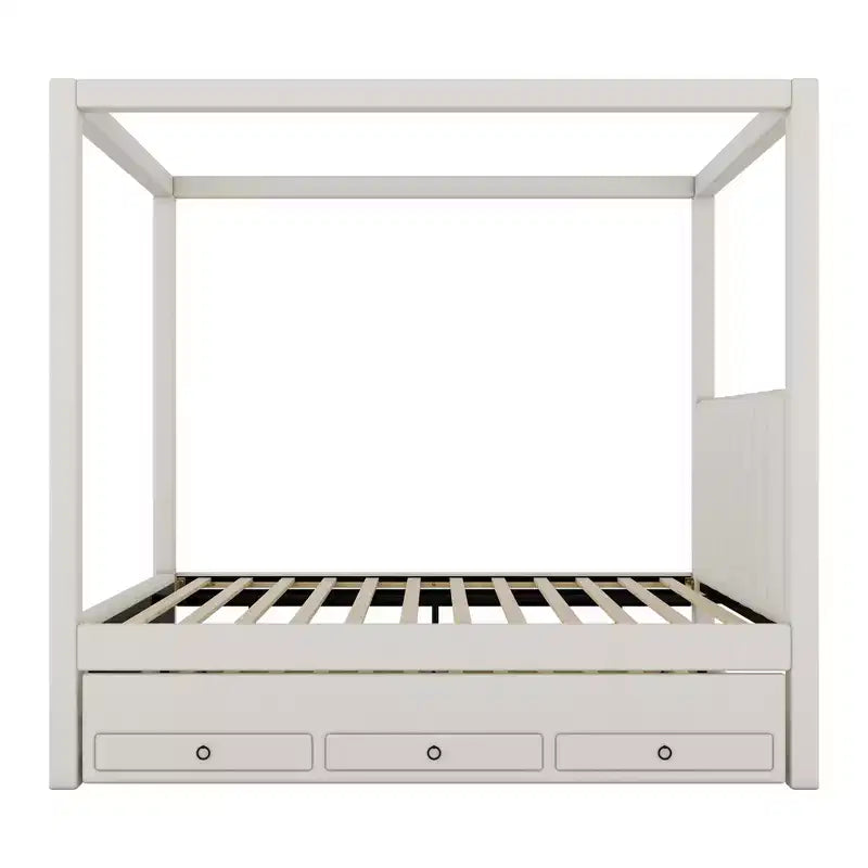 Lit plateforme moderne à baldaquin Luxystar avec tête de lit rembourrée, lit gigogne et 3 tiroirs, beige