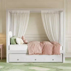 Lit plateforme moderne à baldaquin Luxystar avec tête de lit rembourrée, lit gigogne et 3 tiroirs, beige