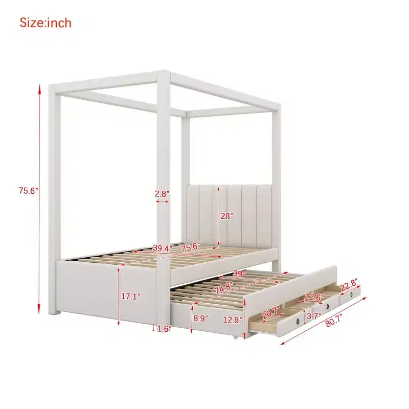 Lit plateforme moderne à baldaquin Luxystar avec tête de lit rembourrée, lit gigogne et 3 tiroirs, beige