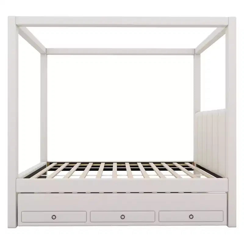 Lit plateforme moderne à baldaquin Luxystar avec tête de lit rembourrée, lit gigogne et 3 tiroirs, beige