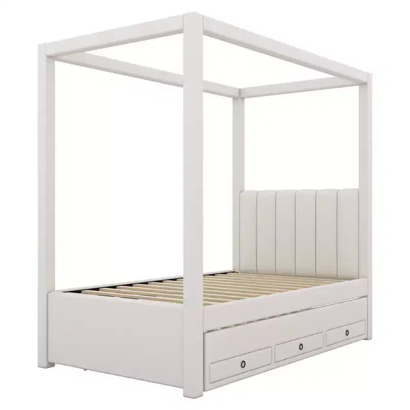 Lit plateforme moderne à baldaquin Luxystar avec tête de lit rembourrée, lit gigogne et 3 tiroirs, beige