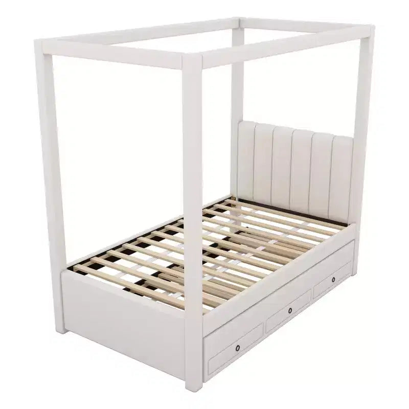 Lit plateforme moderne à baldaquin Luxystar avec tête de lit rembourrée, lit gigogne et 3 tiroirs, beige