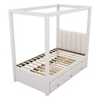 Lit plateforme moderne à baldaquin Luxystar avec tête de lit rembourrée, lit gigogne et 3 tiroirs, beige