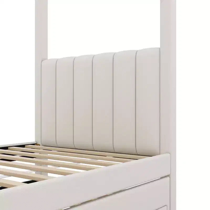 Lit plateforme moderne à baldaquin Luxystar avec tête de lit rembourrée, lit gigogne et 3 tiroirs, beige