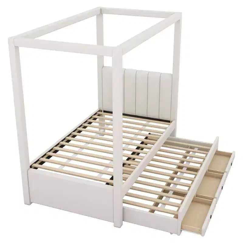 Lit plateforme moderne à baldaquin Luxystar avec tête de lit rembourrée, lit gigogne et 3 tiroirs, beige