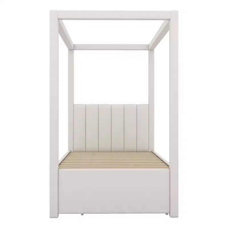 Lit plateforme moderne à baldaquin Luxystar avec tête de lit rembourrée, lit gigogne et 3 tiroirs, beige