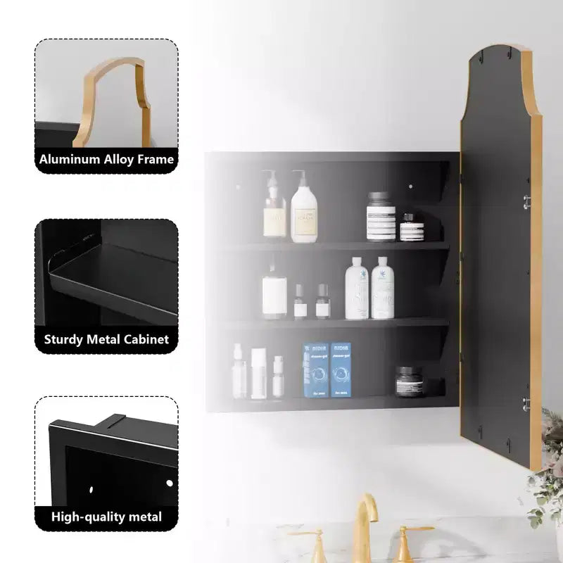 19.5 x 29.64 Inch Gold Slightly Arch Wrought Iron Framed Medicine Cabinet With Mirror, Wall-mounted Mirror Cabinet For Bathroom