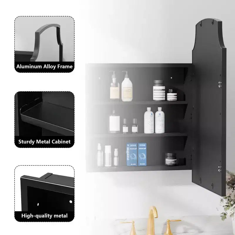 19.5 x 29.64 Inch Gold Slightly Arch Wrought Iron Framed Medicine Cabinet With Mirror, Wall-mounted Mirror Cabinet For Bathroom