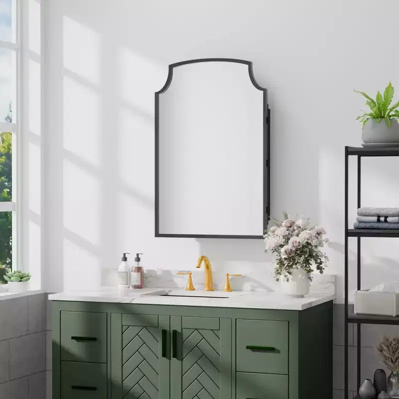 19.5 x 29.64 Inch Gold Slightly Arch Wrought Iron Framed Medicine Cabinet With Mirror, Wall-mounted Mirror Cabinet For Bathroom