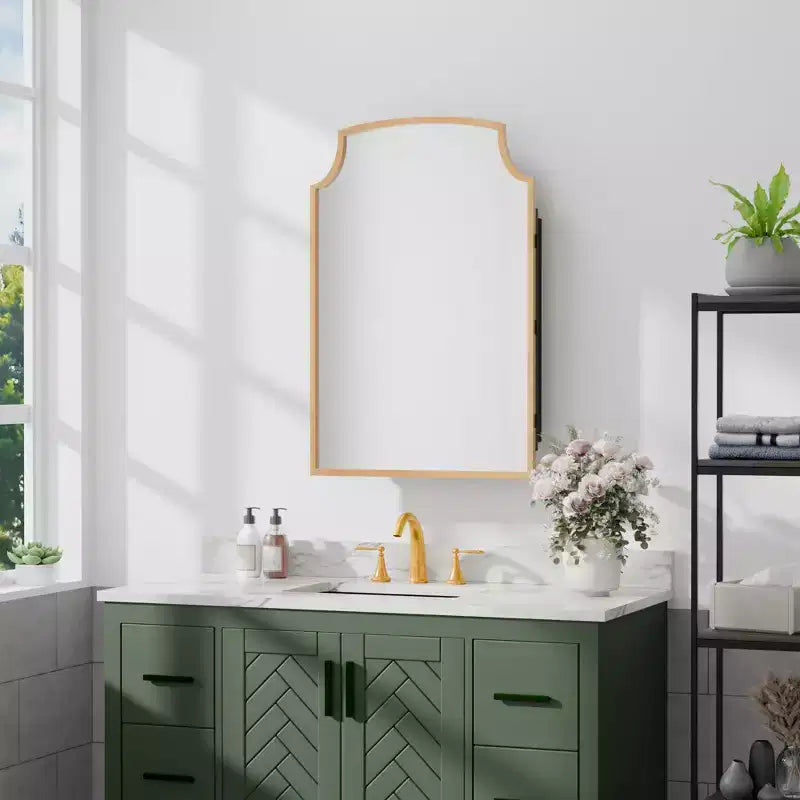 19.5 x 29.64 Inch Gold Slightly Arch Wrought Iron Framed Medicine Cabinet With Mirror, Wall-mounted Mirror Cabinet For Bathroom