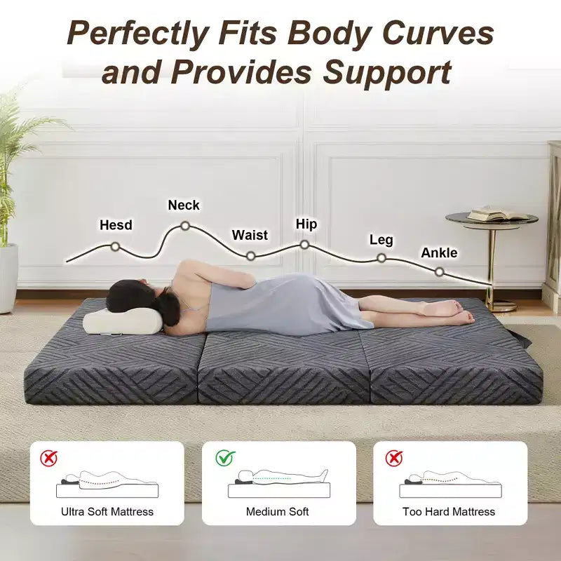 Dyonery Tri Folding Mattress 6 Inch Queen Memory Foam Trifold Mattress Foldable Washable Cover& Storage Bag Space-Saving for Guest, Pet