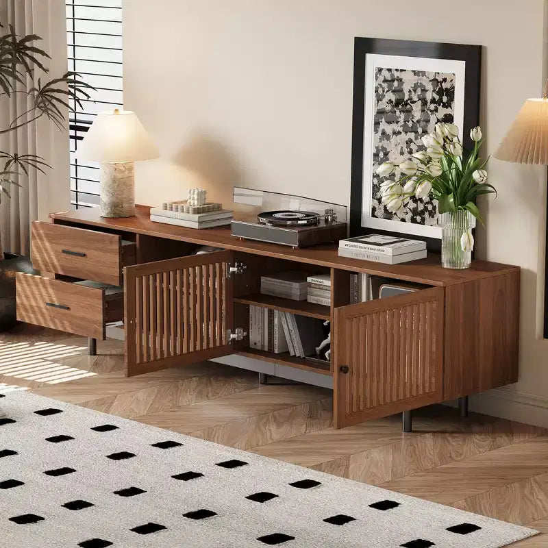 GDFStudio 78 Modern Wood TV Stand with 2 Slatted Door, 2 Deep Drawers and Cable Management