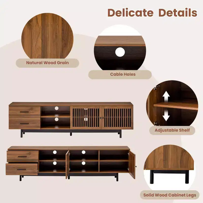 GDFStudio 78 Modern Wood TV Stand with 2 Slatted Door, 2 Deep Drawers and Cable Management