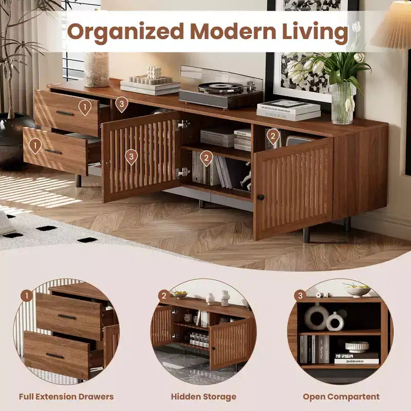 GDFStudio 78 Modern Wood TV Stand with 2 Slatted Door, 2 Deep Drawers and Cable Management