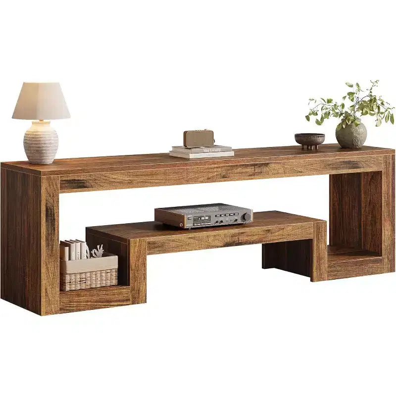 Lantine 63-Inch Farmhouse TV Stand, fits 55/60/65/75-Inch TVs, with open storage shelves, wood console for living room and bedroom.