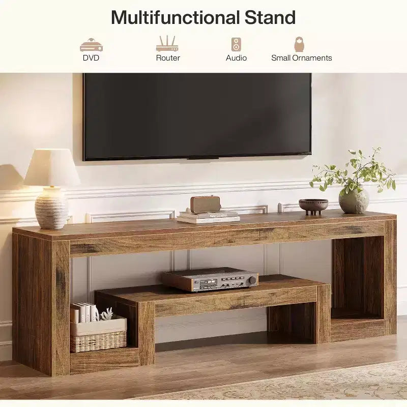 Meuble TV de ferme Lantine de 160 cm, convient aux téléviseurs de 55/60/65/75 pouces, avec étagères de rangement ouvertes, console en bois pour le salon et la chambre.