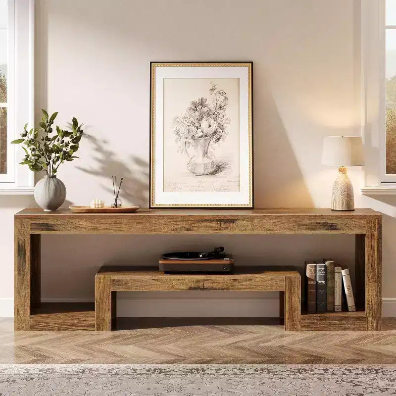 Meuble TV de ferme Lantine de 160 cm, convient aux téléviseurs de 55/60/65/75 pouces, avec étagères de rangement ouvertes, console en bois pour le salon et la chambre.