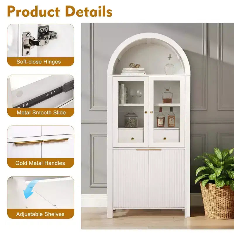 71 Fluted Tall Arched Pantry Cabinet with Adjustable Shelves, Elegant Display Storage with Hidden Drawer & Glass Door
