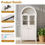 71 Fluted Tall Arched Pantry Cabinet with Adjustable Shelves, Elegant Display Storage with Hidden Drawer & Glass Door
