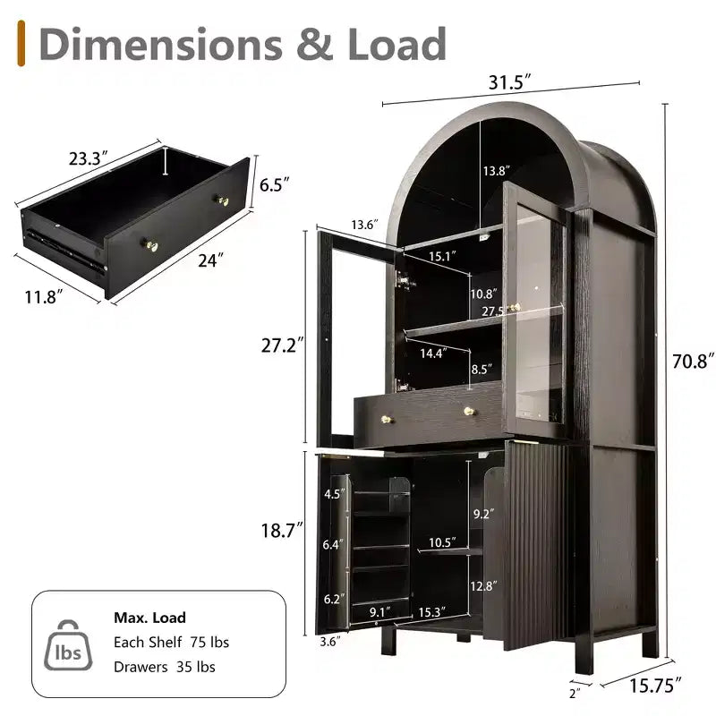71 Fluted Tall Arched Pantry Cabinet with Adjustable Shelves, Elegant Display Storage with Hidden Drawer & Glass Door