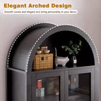 71 Fluted Tall Arched Pantry Cabinet with Adjustable Shelves, Elegant Display Storage with Hidden Drawer & Glass Door