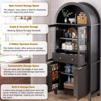 71 Fluted Tall Arched Pantry Cabinet with Adjustable Shelves, Elegant Display Storage with Hidden Drawer & Glass Door