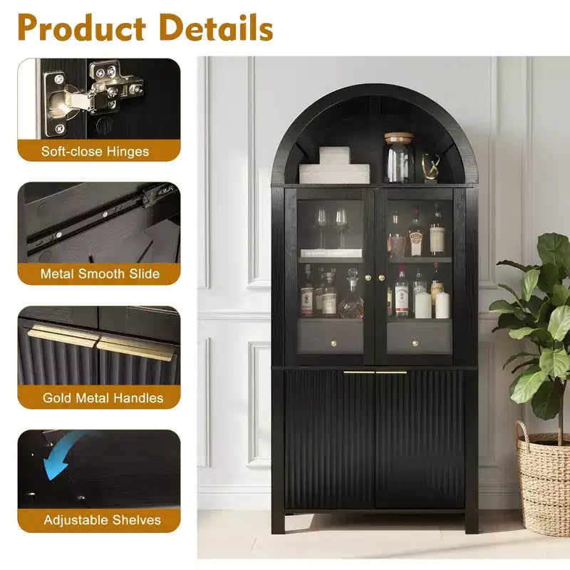 71 Fluted Tall Arched Pantry Cabinet with Adjustable Shelves, Elegant Display Storage with Hidden Drawer & Glass Door