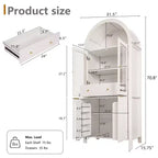 71 Fluted Tall Arched Pantry Cabinet with Adjustable Shelves, Elegant Display Storage with Hidden Drawer & Glass Door