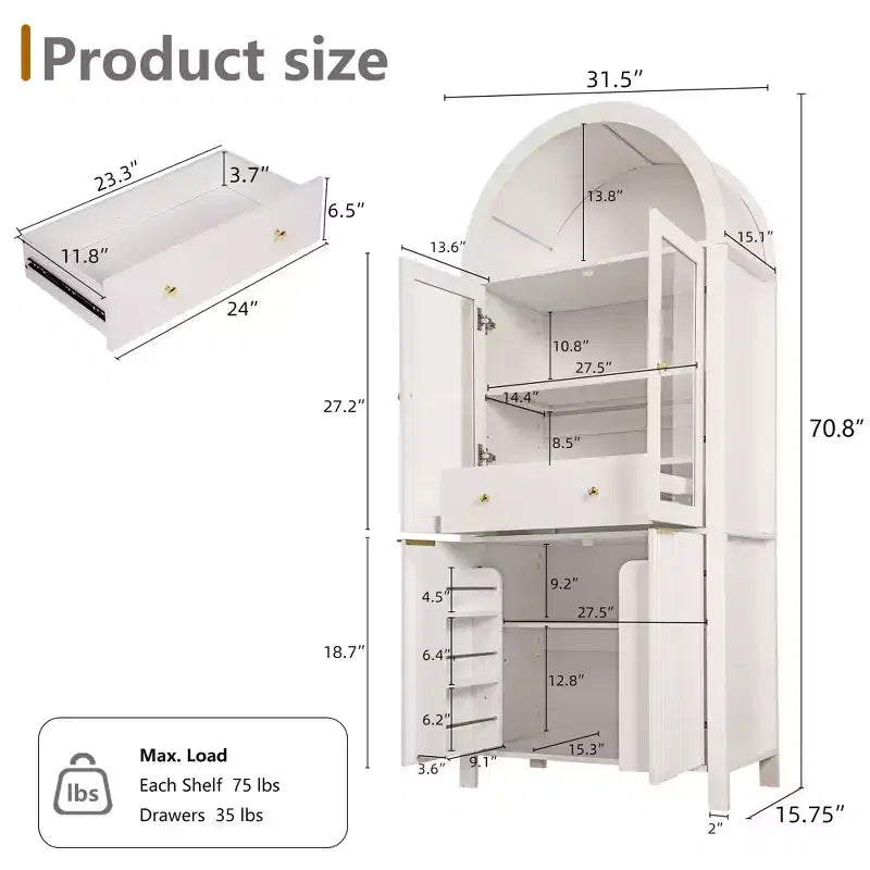 71 Fluted Tall Arched Pantry Cabinet with Adjustable Shelves, Elegant Display Storage with Hidden Drawer & Glass Door