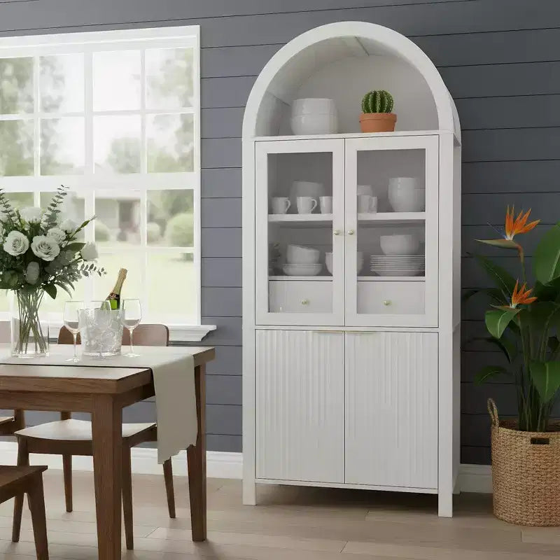 71 Fluted Tall Arched Pantry Cabinet with Adjustable Shelves, Elegant Display Storage with Hidden Drawer & Glass Door