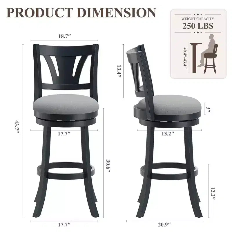 Tabourets de bar pivotants Ora Maison avec dossier ergonomique, cadre en bois massif et repose-pieds pour cuisine, bar, restaurant et café