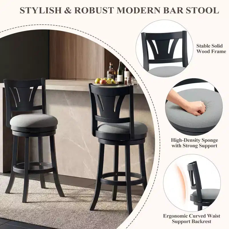 Tabourets de bar pivotants Ora Maison avec dossier ergonomique, cadre en bois massif et repose-pieds pour cuisine, bar, restaurant et café