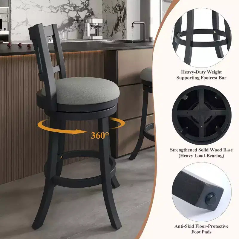 Tabourets de bar pivotants Ora Maison avec dossier ergonomique, cadre en bois massif et repose-pieds pour cuisine, bar, restaurant et café