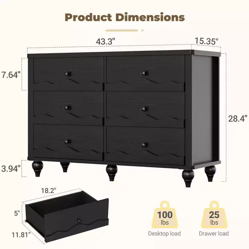 Commode à 6 tiroirs Besiost 43, meuble de rangement en bois avec façade festonnée