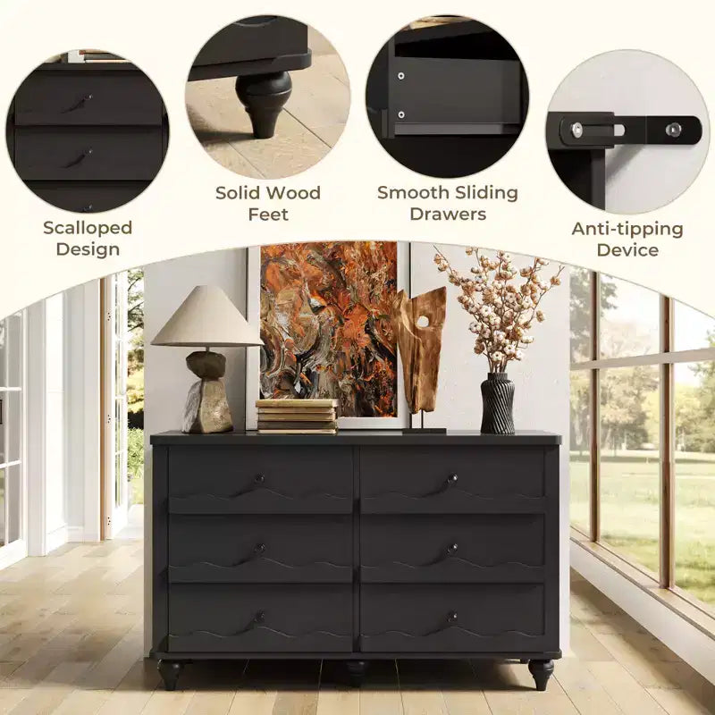 Commode à 6 tiroirs Besiost 43, meuble de rangement en bois avec façade festonnée