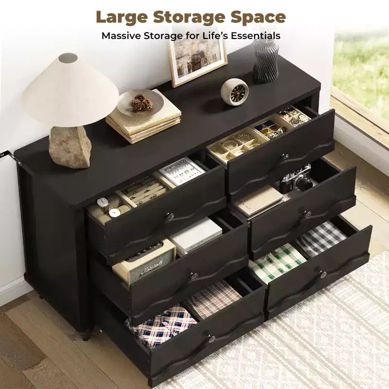 Commode à 6 tiroirs Besiost 43, meuble de rangement en bois avec façade festonnée