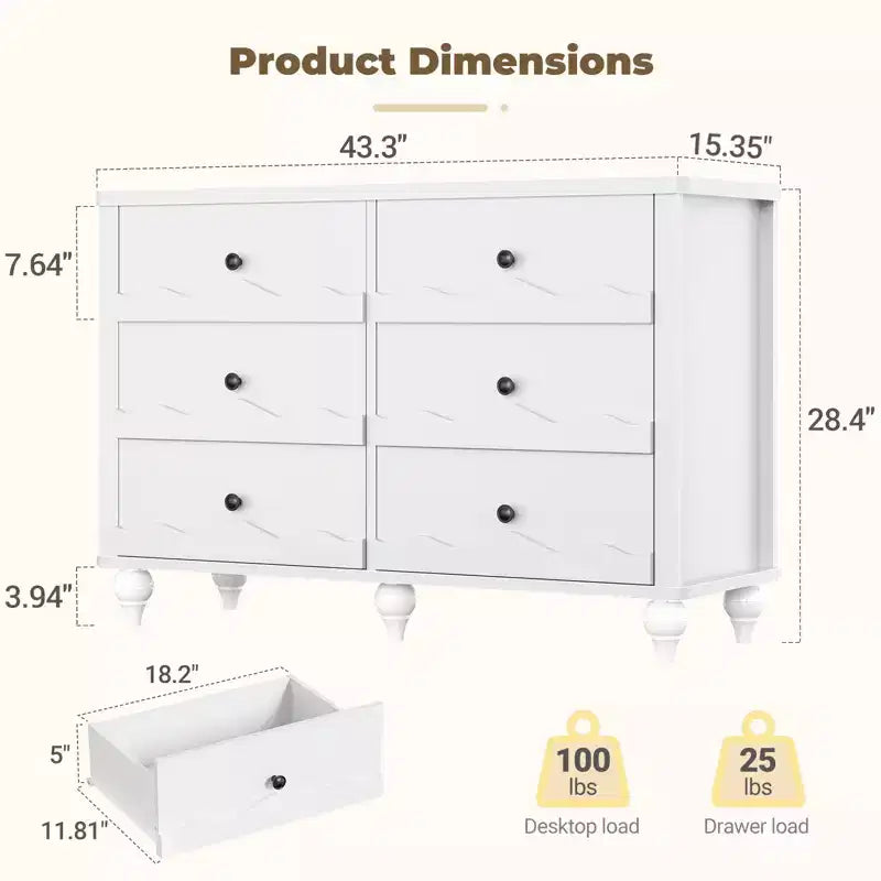 Commode à 6 tiroirs Besiost 43, meuble de rangement en bois avec façade festonnée
