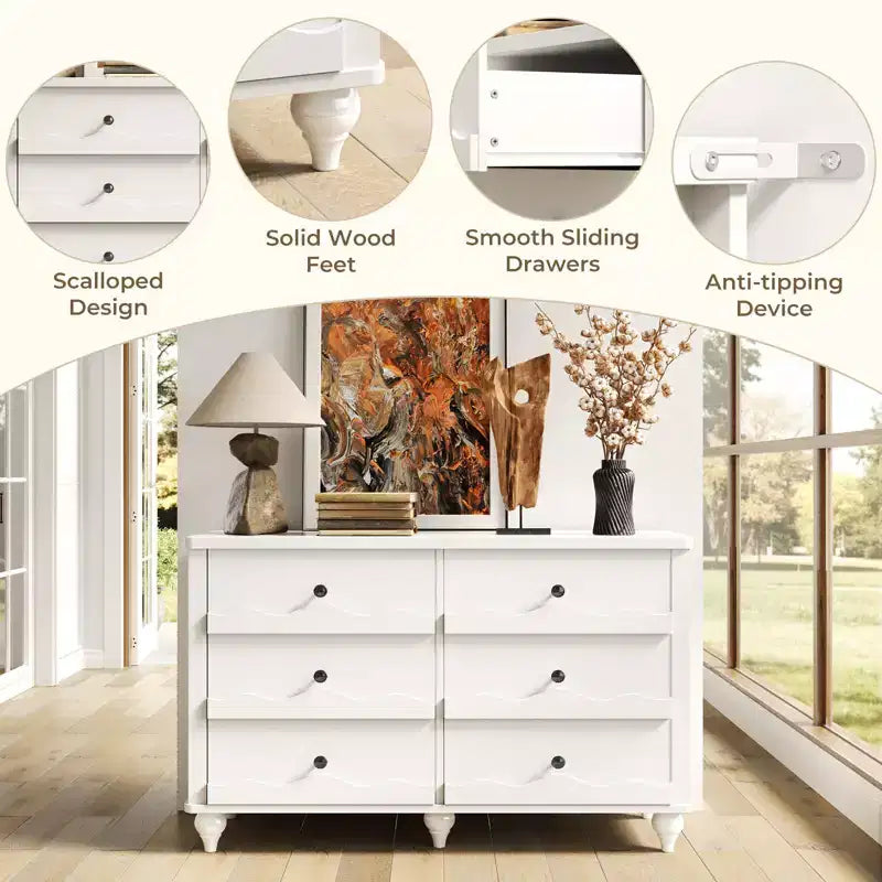 Commode à 6 tiroirs Besiost 43, meuble de rangement en bois avec façade festonnée