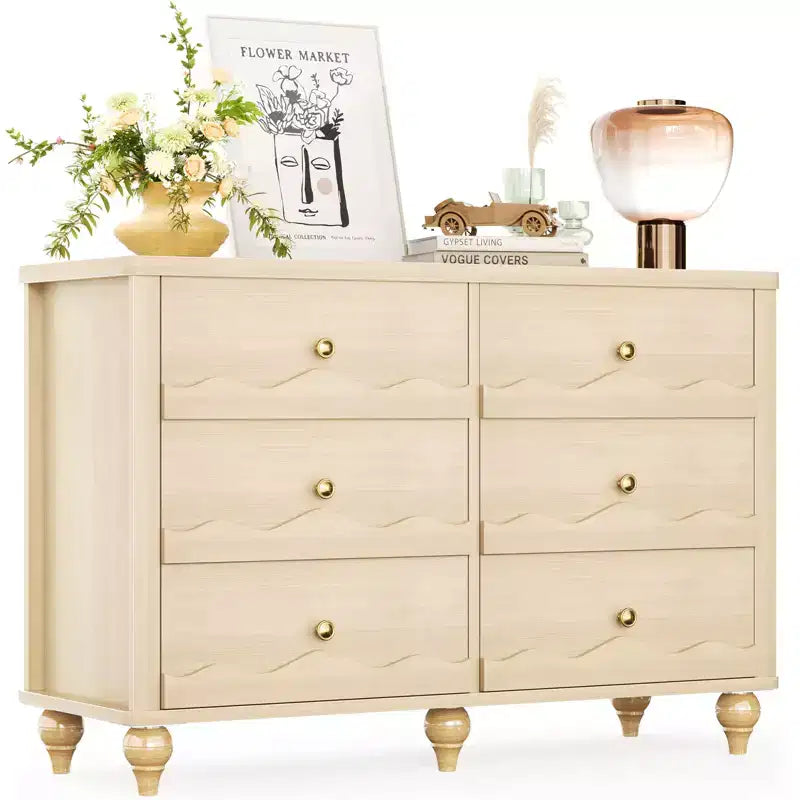 Commode à 6 tiroirs Besiost 43, meuble de rangement en bois avec façade festonnée