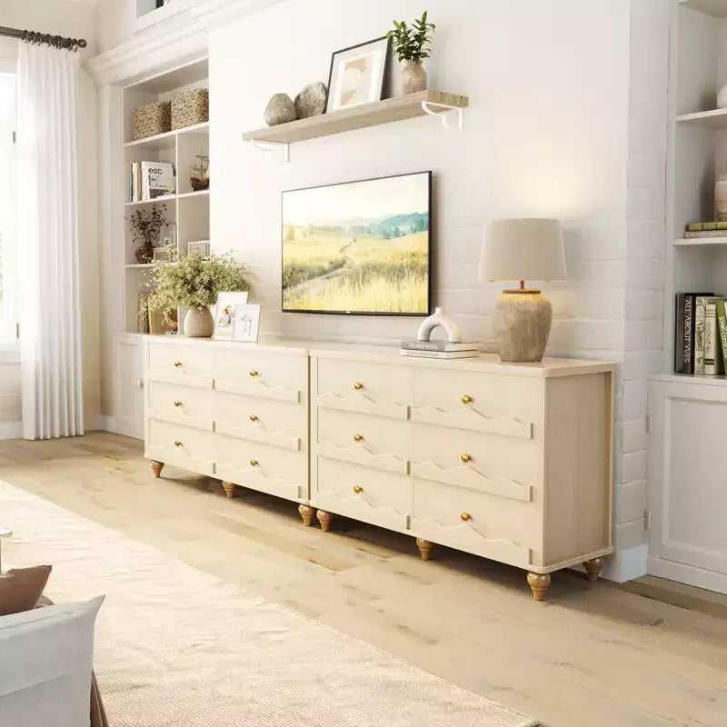 Commode à 6 tiroirs Besiost 43, meuble de rangement en bois avec façade festonnée