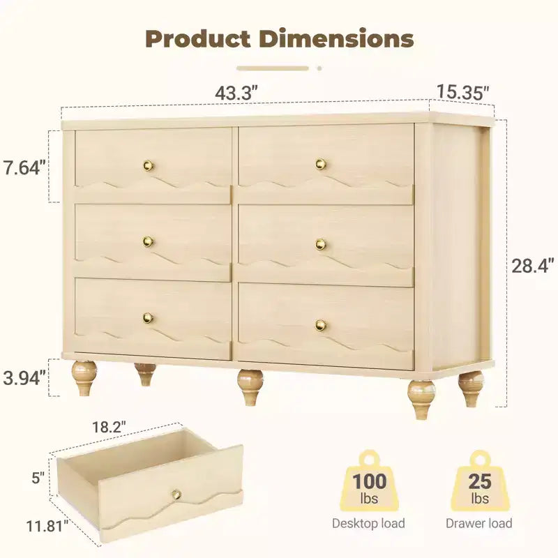 Commode à 6 tiroirs Besiost 43, meuble de rangement en bois avec façade festonnée